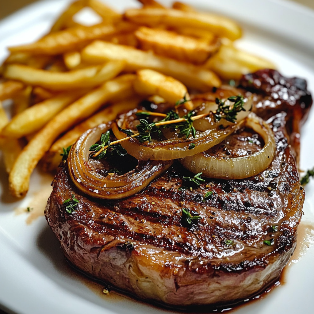 Ribeye Steak with French Onions and Fries