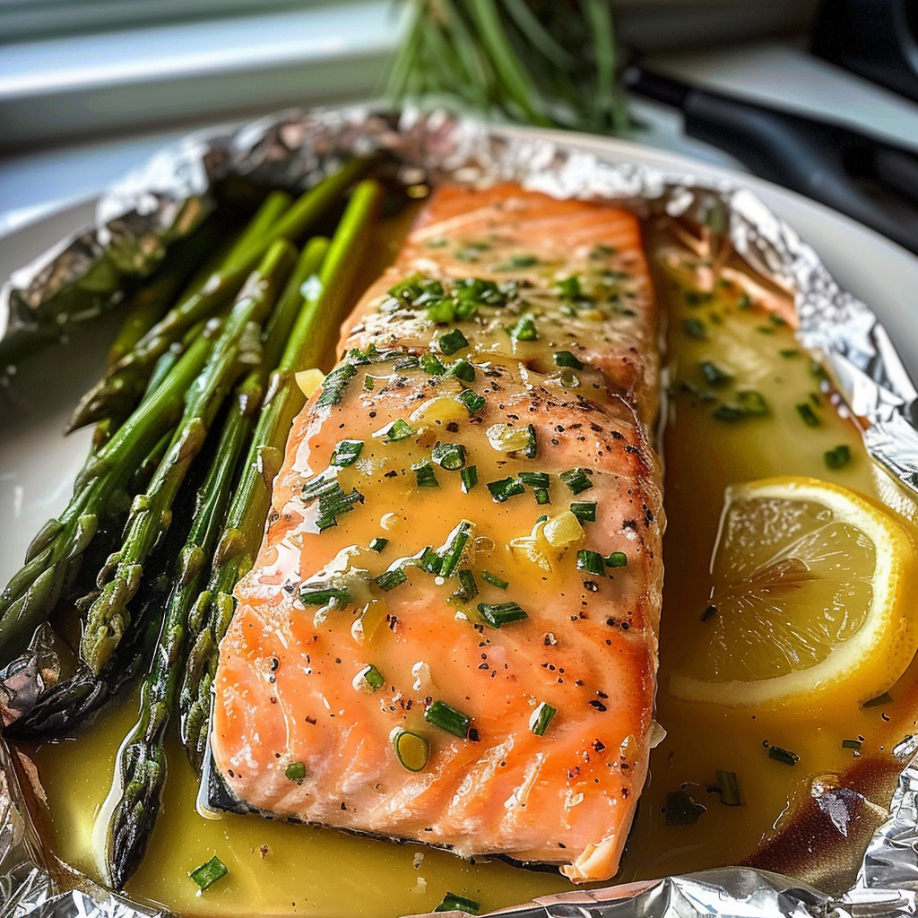 Baked Salmon in Foil with Asparagus and Lemon Garlic Butter Sauce